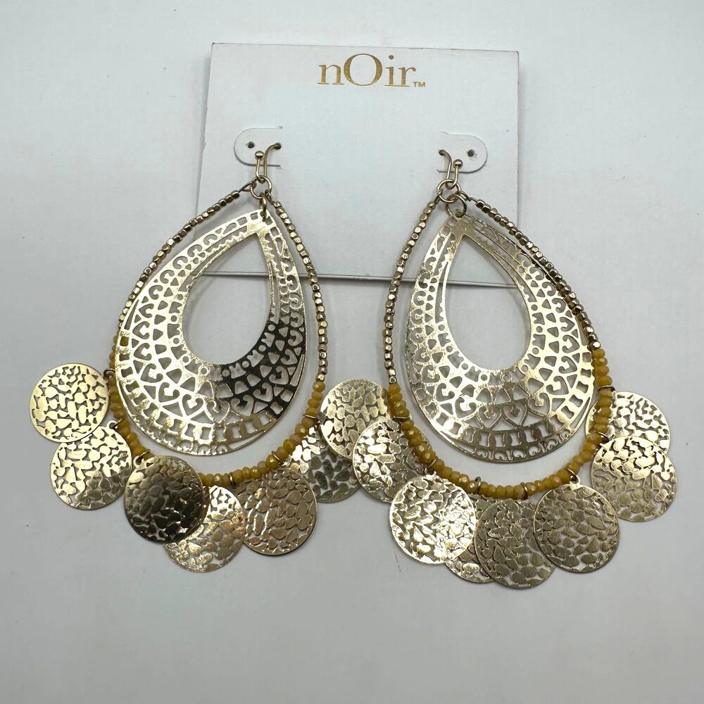 Noir Gold Earrings Dangle Drop Morrocan Pierced NWT Boho Bohemian Large Jewelry